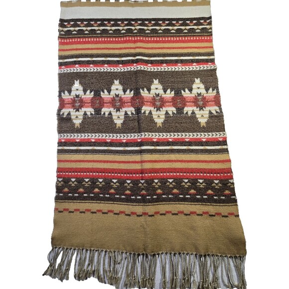 H&M Aztec Oversized Scarf Southwest Cowboy Fringe Tan Red - Picture 1 of 9